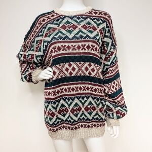 80s 90s Vintage Cream, Navy, Red, & Green Fair Isle Men's Crew Neck Sweater